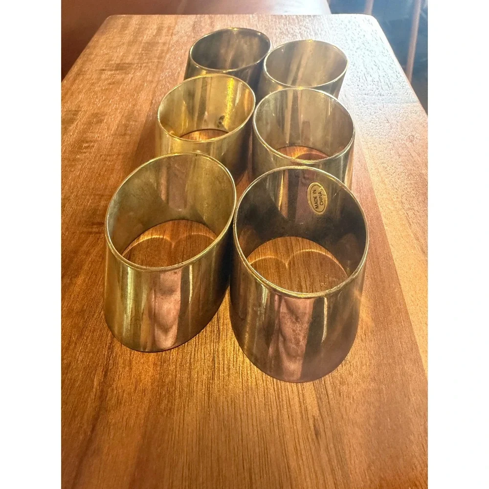 Vintage Brass Napkin Rings Set of 6 Modernist Angled Slanted Design MCM 1980s
